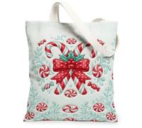 Candy Cane Holiday Theme Canes Christmas Canvas Tote Bag 13x15 Inch | Candy Cane Motif, Red And White Peppermint Sweets, Festive Bow Accents, Winter Botanical Swirls, Reusable Shopping Accessory