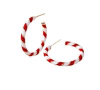 Candy Cane Hoop Earrings, Red White Enamel C-Shape for Christmas | FESTIVE CANDY CANE: Red & white enamel hoops, gold spiral accent, C-shape open