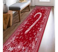 Candy Cane Runner Rug, Christmas Festive Snowflakes Stars Xmas Red Low Pile Carpets Fade Resistant Home Aesthetic for Kitchen Entryway Bedside Doorway Hallway Decor 2x8 Ft