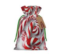 Candy Canes in snow Printed Christmas Drawstring Bags for Xmas Gift Wrapping, Green Christmas Ribbon, M