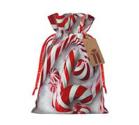 Candy Canes in snow Printed Christmas Drawstring Bags for Xmas Gift Wrapping, Red Christmas Ribbon, M