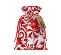 (Candy Canes) Print Christmas New Year Candy Gift Bag, Red Xmas Ribbon Drawstring Bags for Kids Xmas Holiday Eve Presents S Size