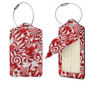 Candy Canes Print Luggage Tag Leather with Stainless Steel Loop Privacy Cover Name ID Labels for Women Men