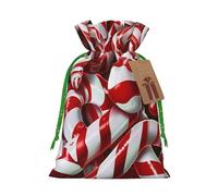 Candy Canes Printed Christmas Drawstring Bags for Xmas Gift Wrapping, Green Christmas Ribbon, M