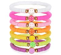 Candy Color Heishi Surfer Bracelets Set for Women Stackable Clay Beaded Bracelets Disc Stretch Smiley Face Preppy Bracelets Colorful Friendship Bracelets Cheer Bulk Boho Summer Beach Jewelry Gift, 7.5