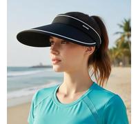 Candy-Colored Foldable Visor Sun Hat for Women, Wide Brim UV Protection Hollow-Top Cap, Portable Outdoor Adjustable Sun Visor for Beach Travel Daily Wear-Black