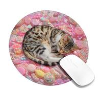 Candy Dreams Cat Mouse Pad, Sweet Peach Treats Design Stitched Edge Mousepad, Rubber Non-Slip Washable Gaming Mouse Pad for Home and Office Computer, Laptop Round 8x8 Inch