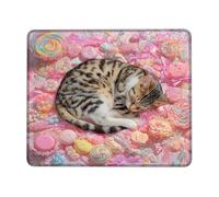 Candy Dreams Cat Mouse Pad, Sweet Peach Treats Design Stitched Edge Mousepad, Rubber Non-Slip Washable Gaming Mouse Pad for Home and Office Computer, Laptop Square 8x10 Inch