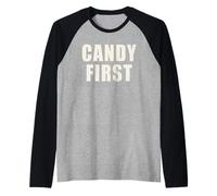 Candy First Funny Sweet Tooth Trick Or Treat Raglan Baseball Tee