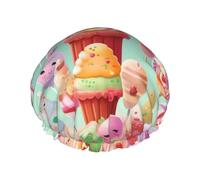 candy happy Shower Cap Double Layers Waterproof Bath Shower Hat Reusable Elastic Hair Cap for Women Ladies Men