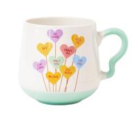 Candy Hearts Ceramic Mug 390ml Cute Pastel Love Slogan Tea & Coffee Cup with Curved Handle, Colorful Heart Design, Glazed Valentine’s Gift Mug Assorted Design (Balloon Heart)