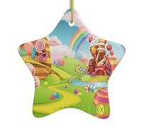 Candy Land Printing Christmas Tree Ornaments Style, Ceramic Star With String For Decor, Verse Ceramic Star Ornament