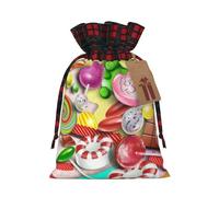Candy Pattern Print Christmas Drawstring Linen Gift Bags Reusable Fabric Bags With Tags For Christmas Gifts