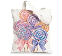 Candy Swirl Canvas Tote Bags, Colorful Lollipop Pattern Reusable Shopping Bags, Cute Fun Lightweight Washable Shoulder Stra, Colorful, 13x15 Inch