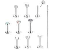 Candyfancy 10Pcs Threadless Flat Back Studs Silver Earrings for Women, 18G Stainless Steel Push in Nose Studs with Opal Star Moon CZ for Multiple Piercing With Taper Piercing 6/7/8mm