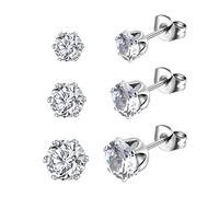 Candyfancy 3 Pairs 316L Surgical Stainless Steel Earrings Set,Size 5mm 6mm 7mm,AAA Cubic Zirconia Single Ears Stud, Simple, Transparent, Multiple Hole Earrings,Hypoallergenic