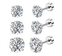 Candyfancy 3 Pairs 316L Surgical Stainless Steel Earrings Set,Size 6mm 7mm 8mm,AAA Cubic Zirconia Single Ears Stud, Simple, Transparent, Multiple Hole Earrings,Hypoallergenic