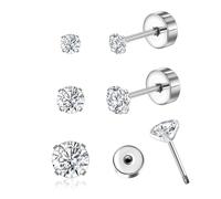 CANDYFANCY 5mm CZ Flat Back Earrings for Women Men 3 Pairs 20G Titanium Stud Earring AB Cubic Zircon Opal Ball Flat Stud Earrings Set for Hypoallergenic Cartilage Helix Lobe Piercing, Titanium, Cubic
