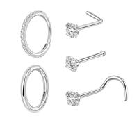 Candyfancy 5pcs G23 Titanium Nose Ring Stud Set Silver 20G L Shaped Nose Studs Small Nose Ring Hoop Cubic Zirconia Nose Rings Piercing Jewellery for Women Men