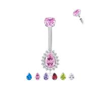 Candyfancy G23 Titanium Belly Button Piercing 14G (1.6 mm) with Teardrop Cubic Zirconia, Hypoallergenic Navel Piercing Barbell Belly Button Body Jewellery for Women Blue White Pink Purple Green Red