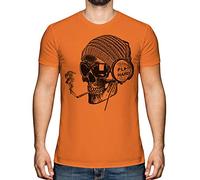 Candymix Graphic Men's T-Shirt - Work Hard Play Hard: Smoking Skull Wearing Headphones - Premium Cotton Tee for Men, Short-Sleeve, Crew Neck, Contemporary Fashion Fit, Large, Colour Orange