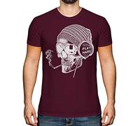 Candymix Graphic Men's T-Shirt - Work Hard Play Hard: Smoking Skull Wearing Headphones - Premium Cotton Tee for Men, Short-Sleeve, Crew Neck, Contemporary Fashion Fit, X-Large, Colour Burgundy