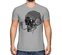 Candymix Graphic Men's T-Shirt - Work Hard Play Hard: Smoking Skull Wearing Headphones - Premium Cotton Tee for Men, Short-Sleeve, Crew Neck, Contemporary Fashion Fit, Size Small, Colour Grey Marl