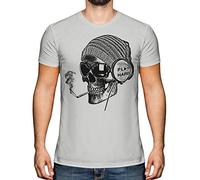 Candymix Graphic Men's T-Shirt - Work Hard Play Hard: Smoking Skull Wearing Headphones - Premium Cotton Tee for Men, Short-Sleeve, Crew Neck, Contemporary Fashion Fit, Medium, Colour Light Grey