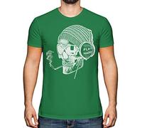 Candymix Graphic Men's T-Shirt - Work Hard Play Hard: Smoking Skull Wearing Headphones - Premium Cotton Tee for Men, Short-Sleeve, Crew Neck, Contemporary Fashion Fit, Large, Colour Irish Green