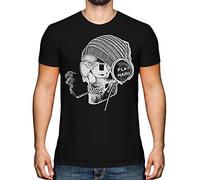 Candymix Graphic Men's T-Shirt - Work Hard Play Hard: Smoking Skull Wearing Headphones - Premium Cotton Tee for Men, Short-Sleeve, Crew Neck, Contemporary Fashion Fit, Large, Colour Black