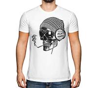 Candymix Graphic Men's T-Shirt - Work Hard Play Hard: Smoking Skull Wearing Headphones - Premium Cotton Tee for Men, Short-Sleeve, Crew Neck, Contemporary Fashion Fit, Medium, Colour White