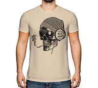 Candymix Graphic Men's T-Shirt - Work Hard Play Hard: Smoking Skull Wearing Headphones - Premium Cotton Tee for Men, Short-Sleeve, Crew Neck, Contemporary Fashion Fit, 2X-Large, Colour Toffee Sand