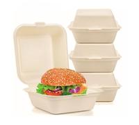 Caneeco 50-Pack Bagasse Sugarcane Burger Takeaway Boxes - 6"x6" Clamshell Containers, PFAS Free, TUV Home Compostable Certified Food Boxes for Hot & Cold Meals, Restaurants, Parties & Catering