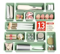 Canfanni 13 Pack Plastic Drawer Organizers Set, 3 Sizes Desk Drawer Organizer Trays for Vanity and Makeup Organizer, Organization and Storage for Makeup, Kitchen Utensils, Bathroom and Office(Green)