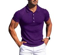 CANGHPGIN Collared Muscle Polo Shirts Men Slim Fit Textured Knit Polo Shirts Short Sleeve Button Down Shirts Casual Stylish, Purple, Medium