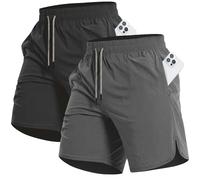 CANGHPGIN Men's Workout Athletic Running Shorts 7 inch Lightweight 2 Pack Basketball Sports Gym Shorts with Pockets, Ablack+Dark Grey, Large