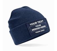Canicaprice Custom Beanie Hat with Removable Patch, Knitted Hat with Space for Text and Custom Printed Logo, Blue Navy, 36