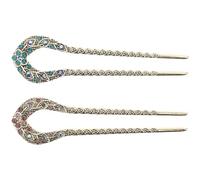 CANIGHT 2pcs Vintage Double Prong Hair Pins with Rhinestone Crystal U-shape Hair Dovetail Sticks for Women’s Bun Styling Purple and Blue Chopsticks Set for Elegant Accessories