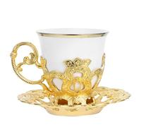 CANIGHT 80ml Cappuccino Cups Set with Saucer European Vintage Style Turkish Coffee Cups Small Tea in Golden Aluminium Alloy with Embossed Craftsmanship Easy to Clean Elegant for Home