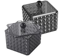 CANIGHT Vanity Organizer Multipurpose Storage Box 2Pcs Set, Black Acrylic Diamond Patterned Cotton Pad Holder and Swab Dispenser with Lid for Bathroom and Makeup Storage