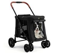 CANINE CANYON 4 Wheels Pet Stroller for Small/Medium Dogs- One Button Fold, Adjustable Mesh Windows and Shades, 360° Swivel Front Wheels and Rear Wheel Brake Black