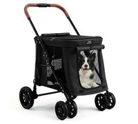 CANINE CANYON 4 Wheels Pet Stroller for Small/Medium Dogs- One Button Fold, Adjustable Mesh Windows and Shades, 360° Swivel Front Wheels and Rear Wheel Brake Black