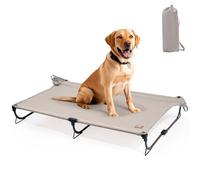 CANINE CANYON Daisy Cot, Large Foldable Elevated Dog Bed, Portable Raised Outdoor Folding Dog Cot, Cooling, Chew Proof, Waterproof, Heavy Duty Up to 160 Lbs for Camping/Home, Tan, 43"x27"x7”