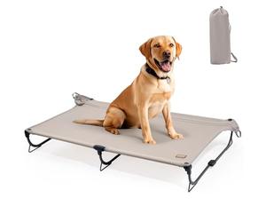 CANINE CANYON Daisy Cot, Large Foldable Elevated Dog Bed, Portable Raised Outdoor Folding Dog Cot, Cooling, Chew Proof, Waterproof, Heavy Duty Up to 160 Lbs for Camping/Home, Tan, 43"x27"x7”