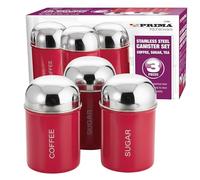 Canisters Set Tea Pack of 3, Coffee & Sugar Storage Jars with Mirror Finish Modern Eye-Catching Design for Kitchens, Canteens & Homes Food Storage Organisers with Stainless Steel Lids (Red)