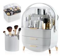 CANITORON Makeup Storage Organizer,Cosmetics Display Case with Brush,Lipstick Organizer and Transparent Cover,Bedroom Vanity Desk and T3-White