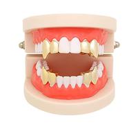 canjoyn Gold Plated Vampire Fangs Grillz Set Shiny Hip Hop Teeth Grills for Men & Women Costume Cosplay, M, Brass, rhinestones
