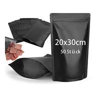 CANLENPK Pack of 50 Resealable Mylar Bags, Stand Base Bags, Zip Foil Bag, Food Storage, Matte Aluminium Foil Heat Sealable Myla Bag (Black, 20 x 30 cm)