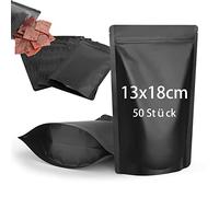 CANLENPK Pack of 50 Resealable Mylar Bags, Stand-Up Bag, Zip Foil Bag, Food Storage, Matte Aluminium Foil, Heat Sealable Myla Bag (Black, 13 x 18 cm)