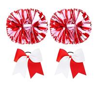 Canlierr 4 Pcs Cheerleading Pom Poms with Baton Handle and Cheerleader Hair Bows, 14 Inch Metallic Cheer Supplies for School Team Spirit Sports Dance Cheering (Red and White)